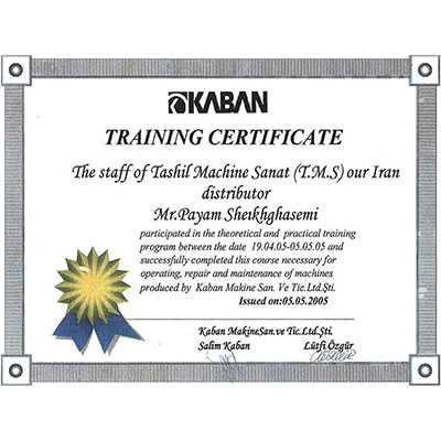 Training Certificate Kaban Makina Istanbul Turkey 2005